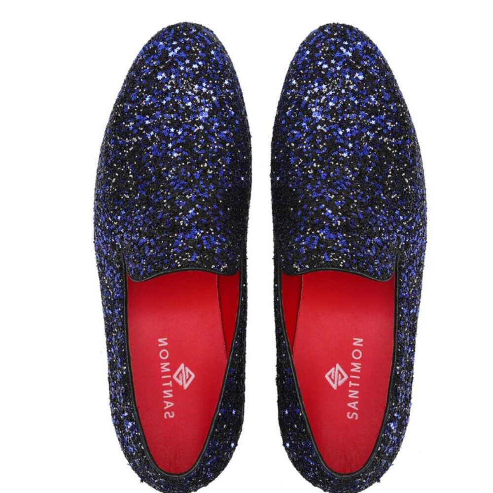 Santimon Men's US 7.5-12 Blue Sequins Glitter Smoking Loafers Casual Shoes Plea